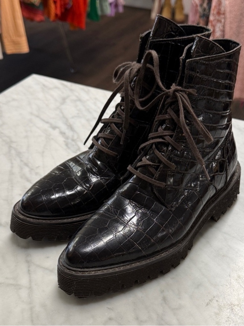 Freda Salvador Burgundy Croc-Embossed Platform Lace-Up Boot - Picture 2 of 2